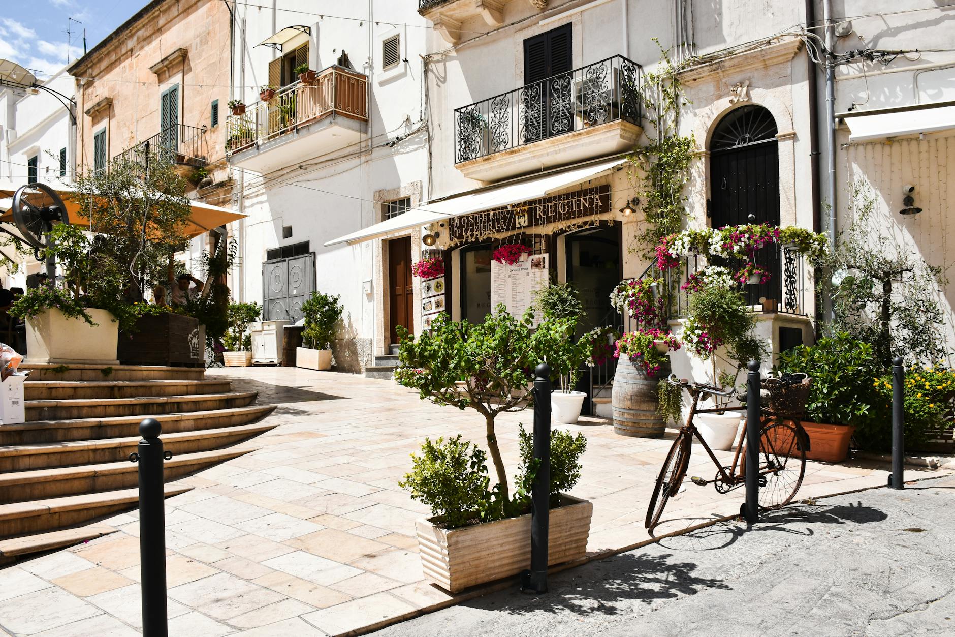 Słoneczna uliczka w Apulii z rowerem i zielonymi roślinami
